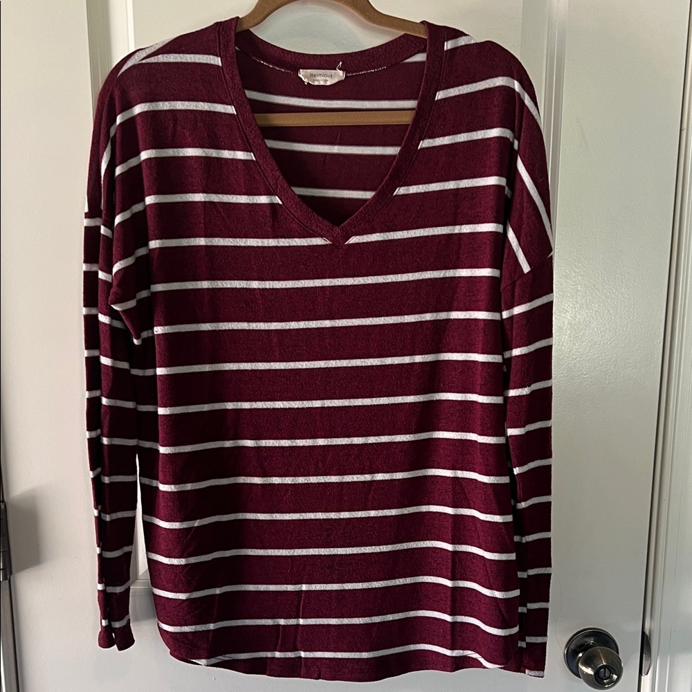 Burgundy and White Striped V-Neck Sweater